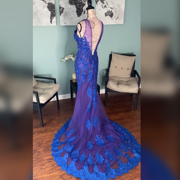 Boutique Dresses Blue Lace Beaded Mermaid Pageant Evening Gown Prom